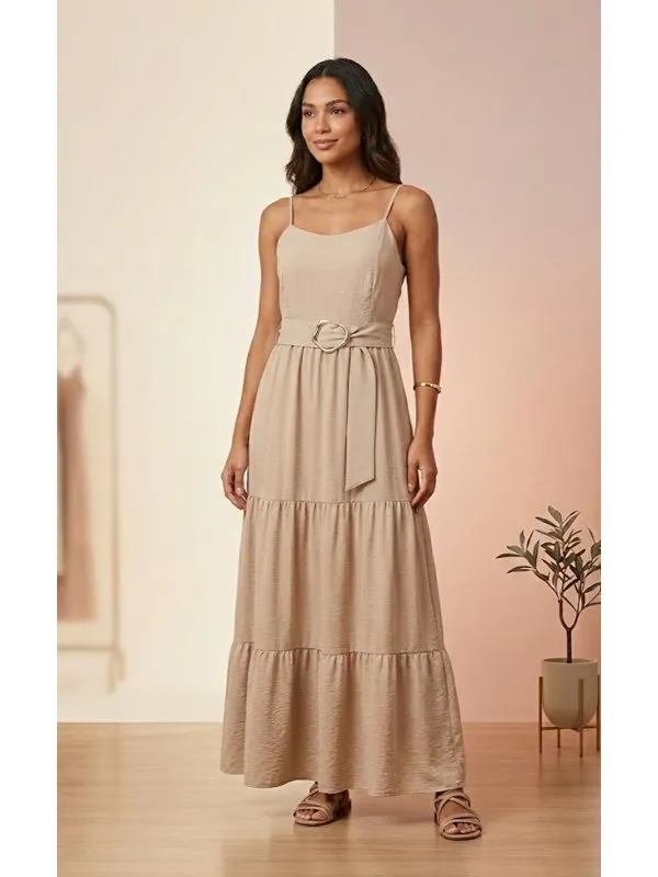 VESTIDO LONGO ALÇA COM CINTO NUDE
