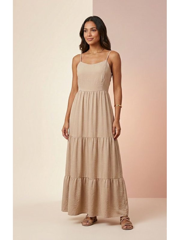 VESTIDO LONGO ALÇA COM CINTO NUDE