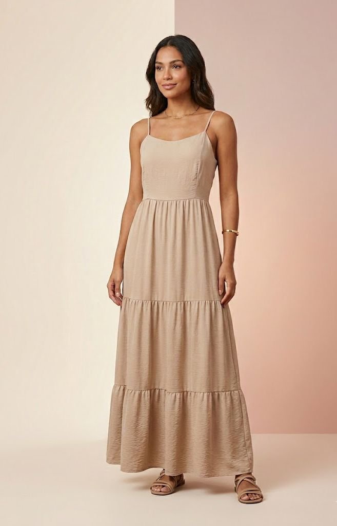Vestido Longo Alça com Cinto Nude