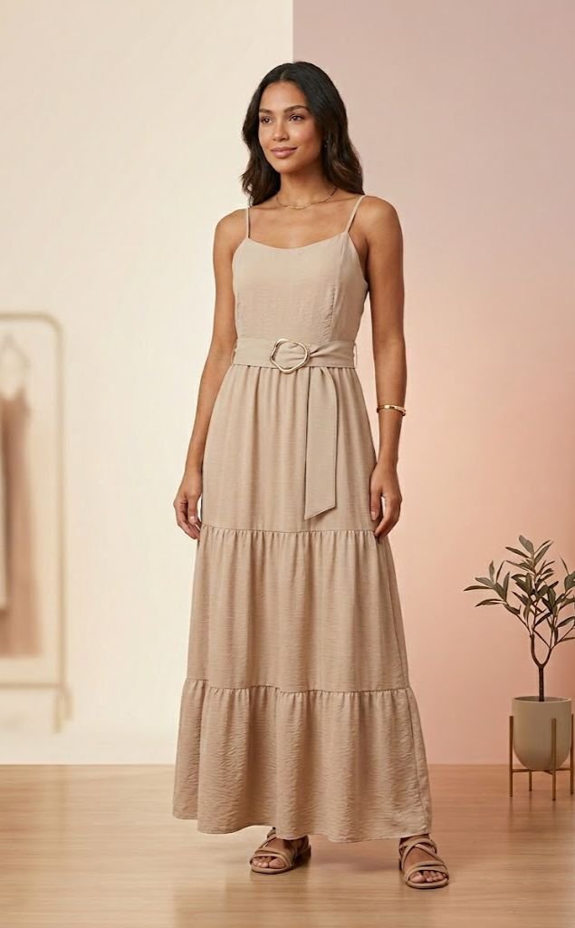 Vestido Longo Alça com Cinto Nude